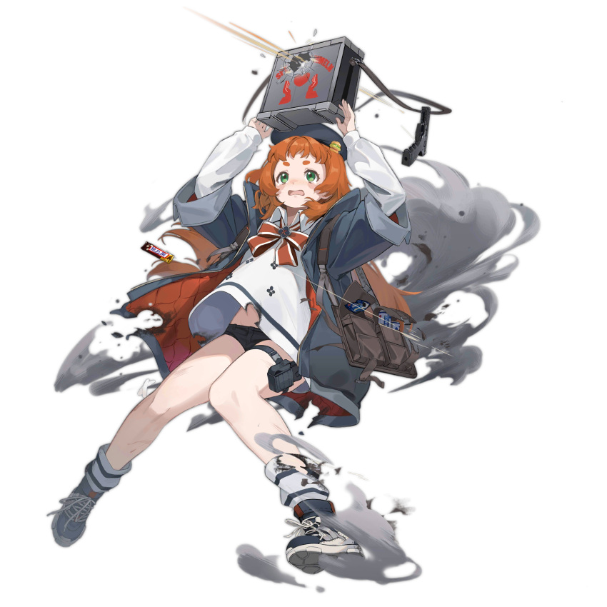 1girl :d bag bandaid bandaid_on_knee bandaid_on_leg beret black_footwear black_shorts bow bowtie box brown_bag bullet_hole burger_hat_ornament burnt_clothes can coat container crossed_bandaids dazhangfu donation_box drink_can food freckles full_body girls'_frontline green_eyes grey_coat grey_headwear gun h&amp;k_vp9 handgun hat highres holding holding_box long_hair long_sleeves looking_up midriff_peek official_art open_clothes open_coat open_mouth orange_hair oreo pouch projectile_trail red_bow red_bowtie shirt shoes short_shorts shorts sidelocks simple_background sleeves_past_wrists smile smoke snap-fit_buckle sneakers snickers_(brand) socks soda_can solo striped_clothes striped_socks thigh_pouch thigh_strap third-party_source torn_clothes torn_coat torn_shirt torn_socks transparent_background very_long_hair vp9_(girls'_frontline) weapon white_shirt wide_sleeves