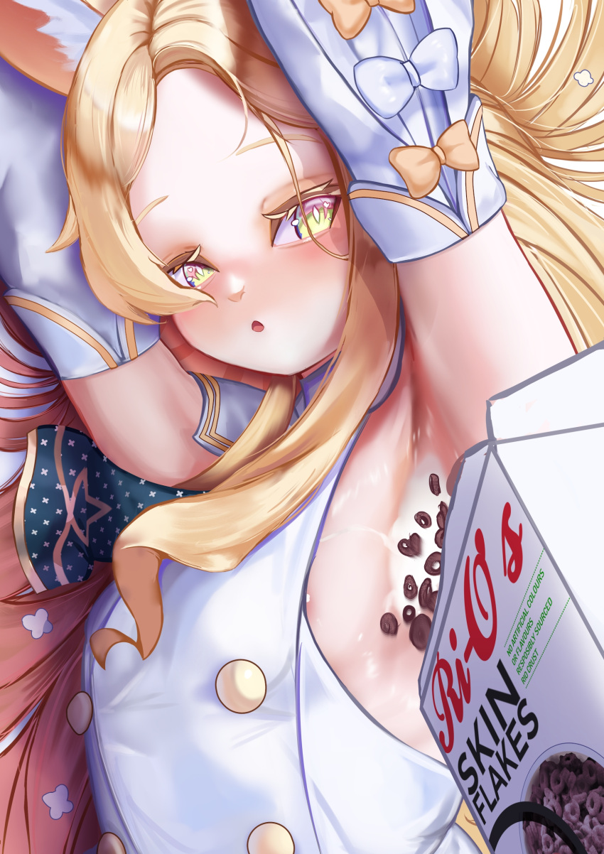 1girl 1other :o absurdres animal_ears areola_slip armpits arms_up blonde_hair blue_archive blush box breasts buttons cereal cereal_box detached_sleeves double-breasted dress flat_chest forehead fox_ears highres holding holding_box long_hair looking_at_viewer milk out_of_frame pouring_onto_another pov pov_hands presenting_armpit rancidronin seia_(blue_archive) sensei_(blue_archive) sideboob sleeveless sleeveless_dress solo very_long_hair white_dress yellow_eyes