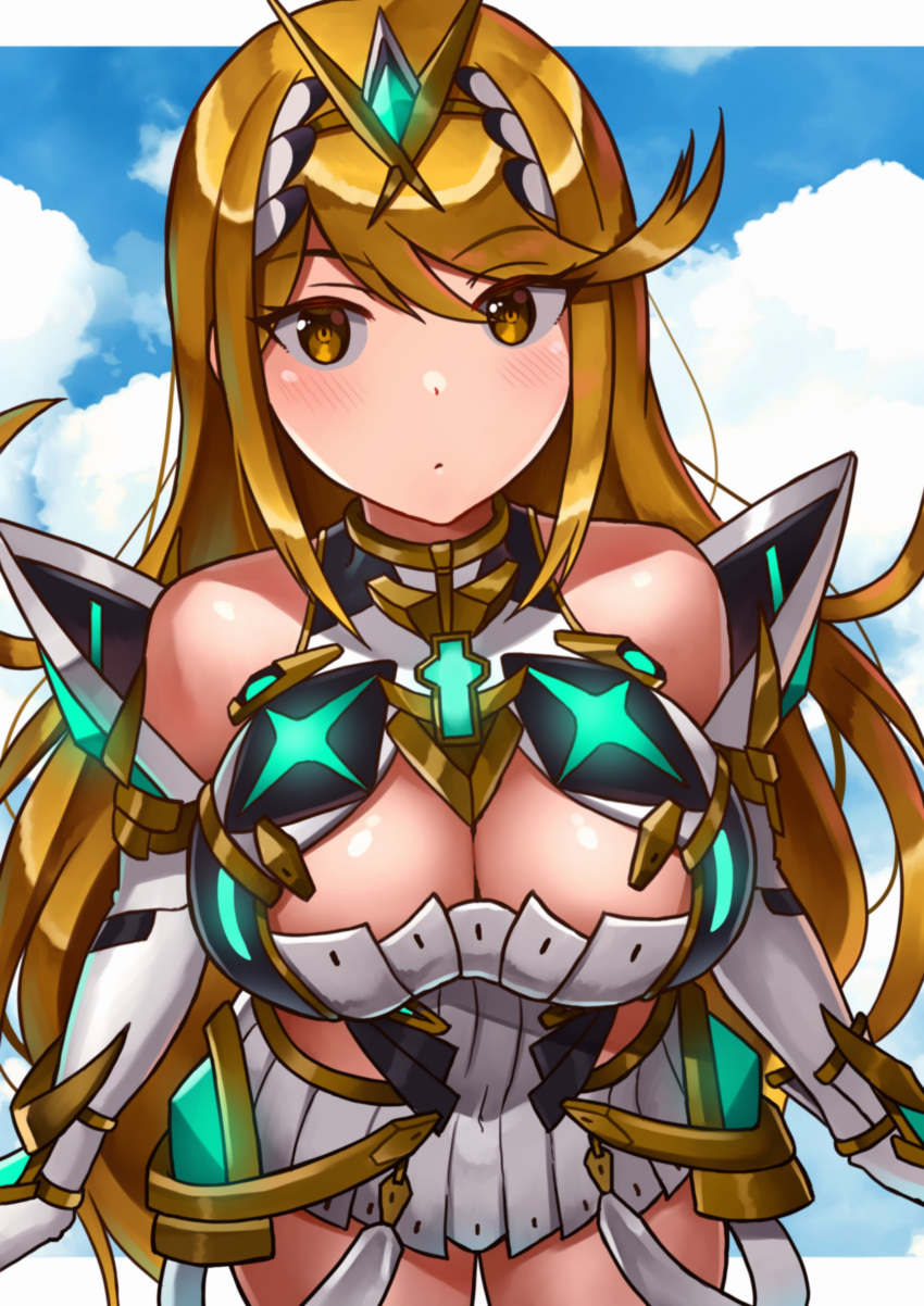 1girl absurdres blonde_hair breasts cleavage_cutout clothing_cutout cloud cloudy_sky cowboy_shot expressionless highres jewelry large_breasts long_hair looking_at_viewer mythra_(xenoblade) off_shoulder oniisan02b sky swept_bangs very_long_hair yellow_eyes