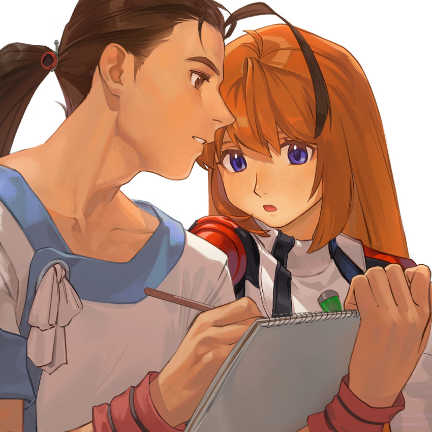 1boy 1girl :o a_(user_vtsy8742) blue_eyes brown_eyes brown_hair chest_jewel drawing elhaym_van_houten fei_fong_wong highres holding holding_pencil holding_sketchbook long_hair open_mouth orange_hair pencil ponytail shirt sketchbook smile uniform white_background xenogears