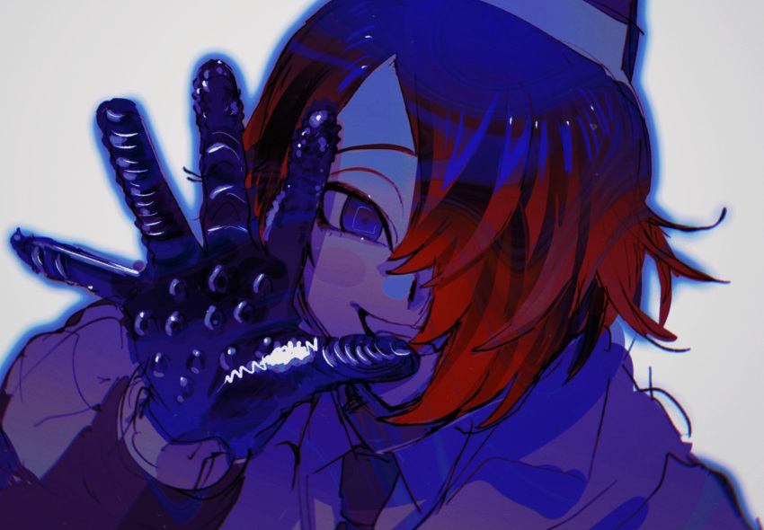 1boy anal_assassin_glove black_gloves collared_shirt gloves grey_background grin hair_over_one_eye hand_up highres long_sleeves looking_at_viewer male_focus master_detective_archives:_rain_code necktie oishikunatte_shintoujou open_hand open_mouth purple_eyes red_hair sex_toy shirt short_hair simple_background smile solo studded_gloves teeth upper_body white_shirt yomi_hellsmile