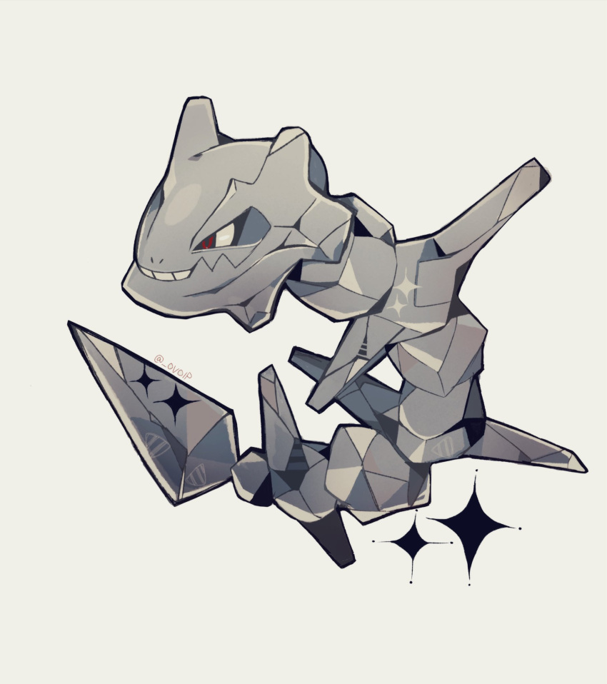 animal_focus commentary full_body grey_background highres no_humans ovoip pokemon pokemon_(creature) red_eyes simple_background solo sparkle spikes steel steelix teeth twitter_username