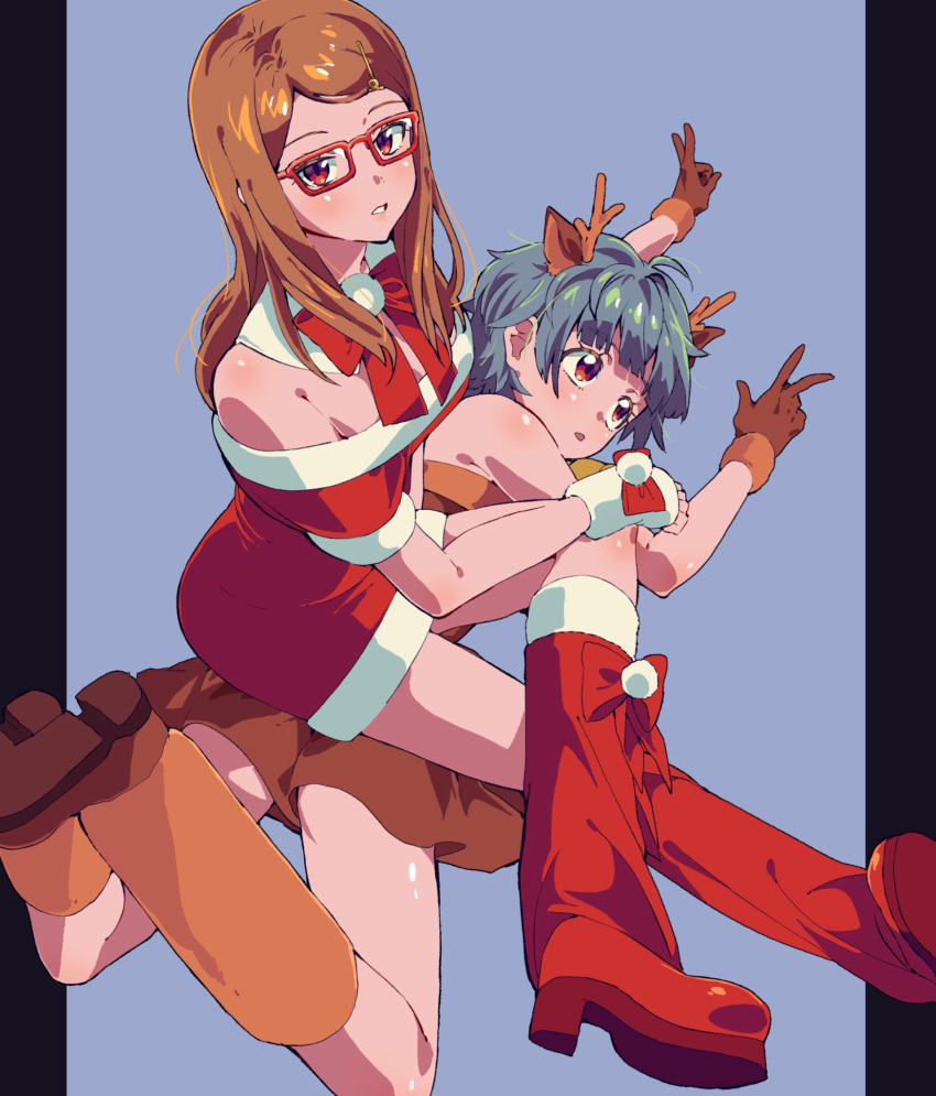 2girls akai_meganee animal_costume antlers blue_hair boots bow brown_dress brown_gloves brown_hair christmas commentary_request crossed_legs dress fake_antlers feet_up fur-trimmed_dress fur_trim glasses gloves high_heel_boots high_heels highres long_hair looking_at_viewer looking_to_the_side lying multiple_girls off-shoulder_dress off_shoulder omega_auru on_side open_mouth pretty_series red-framed_eyewear red_bow red_dress red_footwear reindeer_antlers reindeer_costume santa_dress short_hair sitting sitting_on_person tsujii_ruki v w waccha_primagi!