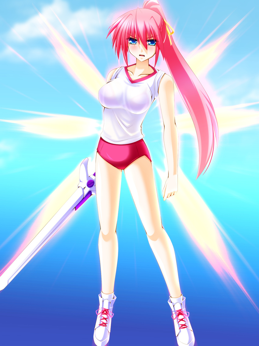 alternate_costume blue_eyes blush breasts buruma engo_(aquawatery) fiery_wings glowing gym_uniform hair_ribbon highres large_breasts levantine long_hair lyrical_nanoha mahou_shoujo_lyrical_nanoha_strikers pink_hair ponytail ribbon signum solo sword weapon