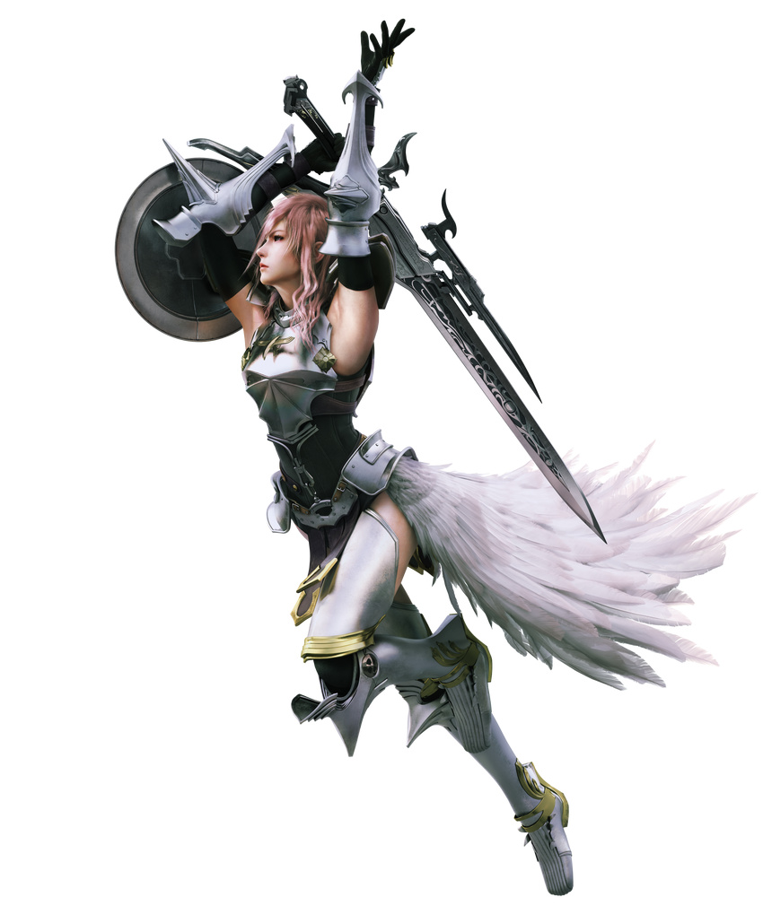 1girl 3d absurdres armor armpits boots breastplate elbow_gloves feathers female final_fantasy final_fantasy_xiii final_fantasy_xiii-2 full_body gloves gunblade highres lightning_farron long_hair official_art pink_hair pteruges shield simple_background solo sword thighhighs weapon