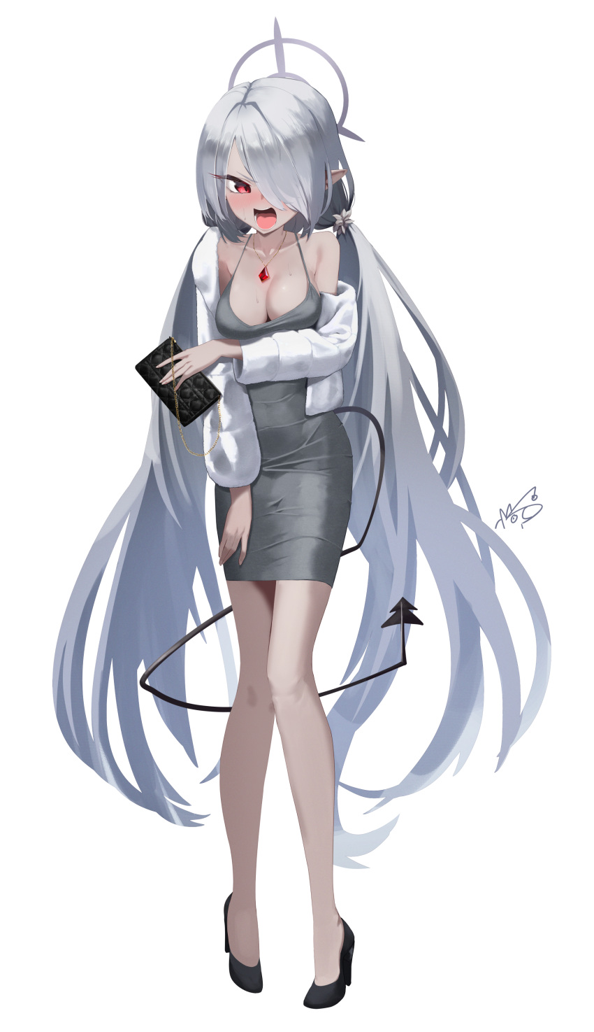 1girl absurdres alternate_costume bag black_footwear black_tail blue_archive blush breasts cleavage collarbone dan_nako dark-skinned_female dark_skin demon_tail dongtan_dress dress grey_dress grey_hair grey_halo hair_over_one_eye halo high_heels highres holding holding_bag iori_(blue_archive) jewelry large_breasts long_hair long_sleeves meme_attire open_mouth pendant pointy_ears red_eyes signature simple_background solo tail white_background