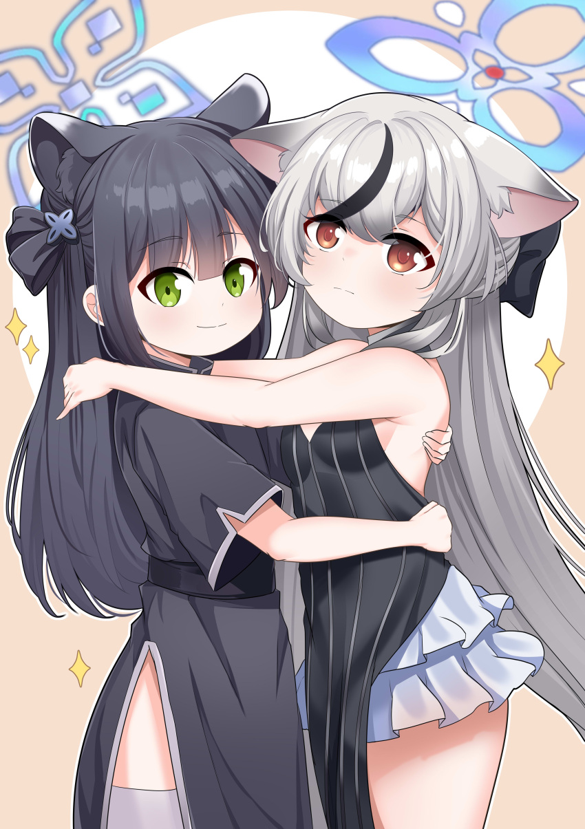 2girls absurdres animal_ear_fluff animal_ears bellfud black_dress black_hair blue_archive blue_halo breasts brown_eyes china_dress chinese_clothes dress face-to-face from_side green_eyes grey_hair halo highres hug kokona_(blue_archive) long_hair looking_at_viewer miniskirt multicolored_hair multiple_girls short_sleeves shun_(blue_archive) skirt sleeveless sleeveless_dress small_breasts smile streaked_hair striped_clothes striped_dress thighhighs thighs tiger_ears tiger_girl vertical-striped_clothes vertical-striped_dress very_long_hair white_skirt white_thighhighs