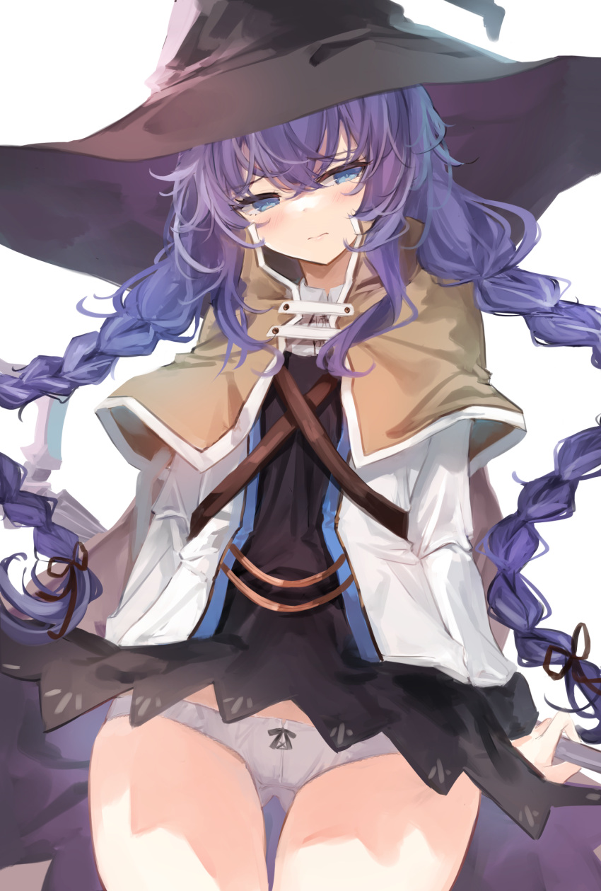 1girl 7gao ass_visible_through_thighs averting_eyes black_ribbon black_skirt blue_eyes blue_hair blush braid brown_cloak capelet cloak clothes_lift feet_out_of_frame flat_chest hair_between_eyes hair_ribbon hat highres holding holding_staff lips long_bangs mage_staff mushoku_tensei panties pantyshot ribbon ribbon_panties roxy_migurdia skirt skirt_lift solo staff twin_braids underwear white_capelet white_panties witch_hat