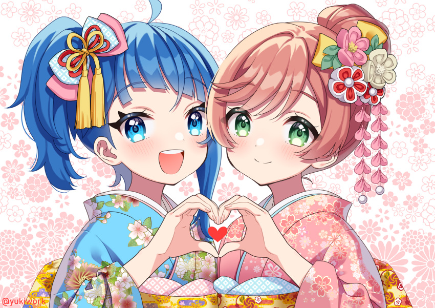 2girls :d ahoge blue_bow blue_eyes blue_hair blue_kimono bow brown_hair closed_mouth floral_print flower furisode green_eyes hair_bow hair_flower hair_ornament heart heart_hands heart_hands_duo hirogaru_sky!_precure japanese_clothes kimono long_hair looking_at_viewer multiple_girls nengajou new_year nijigaoka_mashiro obi open_mouth pink_bow pink_flower pink_kimono precure print_kimono sash side_ponytail smile sora_harewataru upper_body white_flower yukinko_(yukiwork)