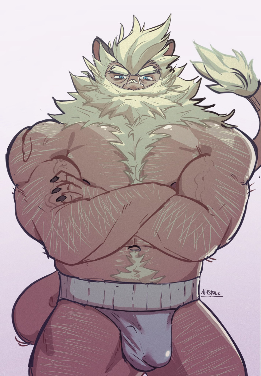 1boy animal_ears aulus_(mobile_legends) bara beard beard_over_mouth blonde_hair body_fur bulge covered_penis cowboy_shot crossed_arms facial_hair fingernails forked_eyebrows full_beard hairy highres huge_eyebrows large_pectorals leg_hair lion_boy lion_ears lion_tail looking_at_viewer male_focus male_underwear mature_male mobile_legends:_bang_bang monster_boy muscular muscular_male navel nhstonk nipples pectorals sharp_fingernails short_hair solo tail tail_raised thick_arm_hair thick_beard thick_chest_hair thick_mustache thick_navel_hair thick_thighs thighs topless_male underwear very_hairy white_male_underwear