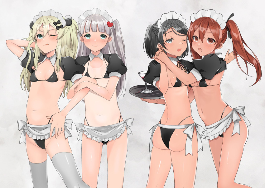 alternate_costume apron ass bikini black_bikini black_hair blonde_hair breasts brown_eyes brown_hair commentary_request detached_collar enmaided grecale_(kancolle) green_eyes grey_background grey_eyes grey_hair highleg highleg_bikini highres kantai_collection libeccio_(kancolle) long_hair maestrale_(kancolle) maid maid_bikini maid_headdress mole mole_under_eye one-piece_tan one_side_up open_mouth puffy_short_sleeves puffy_sleeves scirocco_(kancolle) short_hair short_sleeves shrug_(clothing) simple_background small_breasts swimsuit tan tanlines thighhighs toriniku_senshi_chikinman twintails two_side_up unconventional_maid waist_apron wavy_hair white_apron white_thighhighs