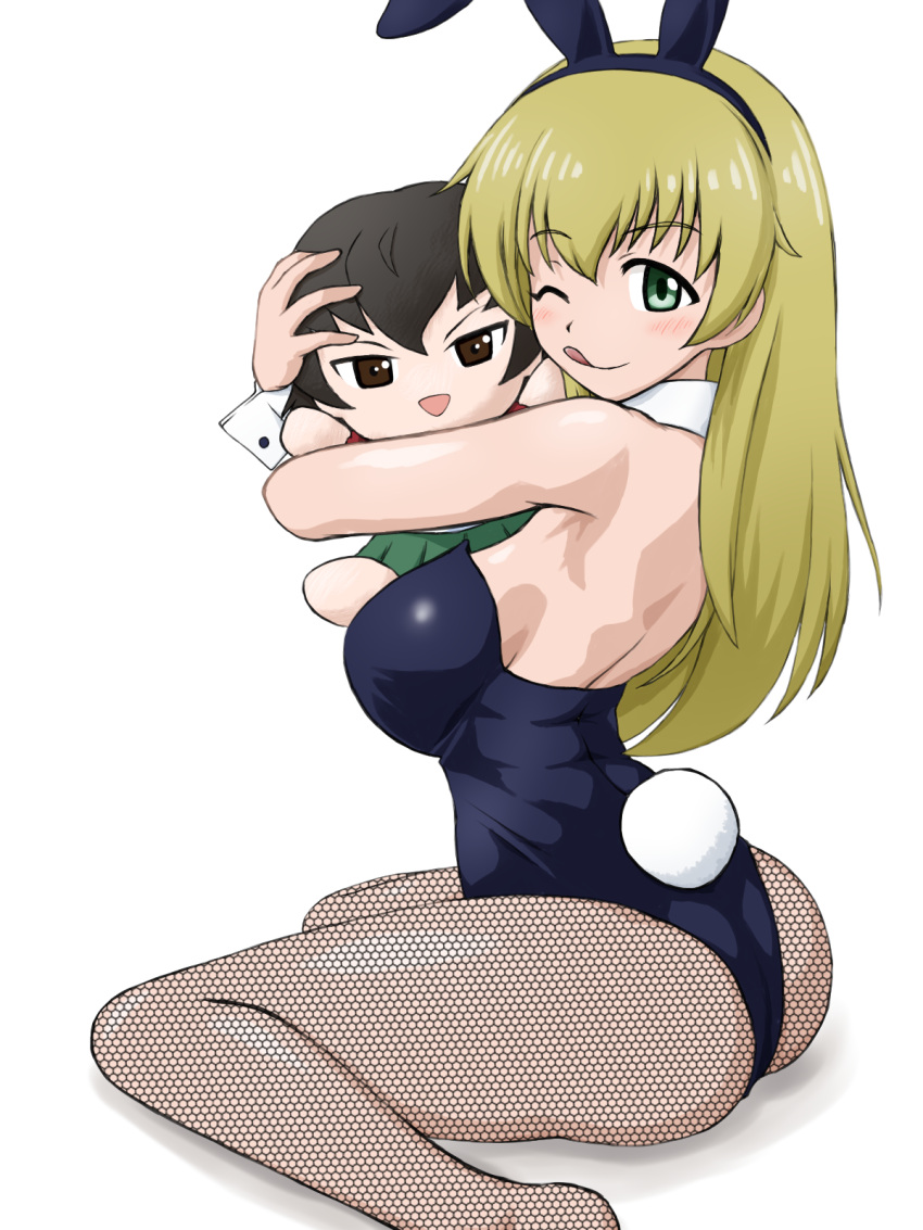 1girl ;q animal_ears blonde_hair blue_leotard caesar_(girls_und_panzer) carpaccio_(girls_und_panzer) character_doll closed_mouth collar commentary detached_collar doll fake_animal_ears fake_tail fishnet_pantyhose fishnets from_side girls_und_panzer green_eyes highleg highleg_leotard highres holding holding_doll leotard licking_lips long_hair looking_at_viewer no_shoes one_eye_closed pantyhose playboy_bunny rabbit_ears rabbit_tail shadow simple_background sitting smile solo strapless strapless_leotard tail tongue tongue_out wariza white_background white_collar yass_hero