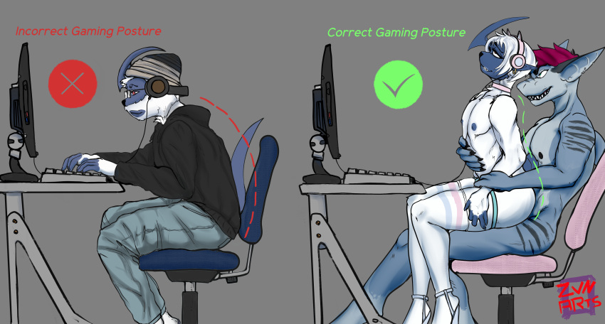 2024 absol absurd_res anthro black_clothing black_topwear blade_tail blue_body blue_skin bottomwear chair chair_position clothed clothing correct_gaming_posture curved_horn digital_media_(artwork) duo electronics eyewear facial_hair from_behind_position fur furniture generation_3_pokemon girly glasses grey_bottomwear grey_clothing hair headphones hi_res horn hybrid keyboard legwear male male/male mash-chan mash_(character) monitor nintendo nipples office_chair pokemon pokemon_(species) red_eyes red_hair sex short_hair simple_background solo thigh_highs topless topless_male topwear watermark white_body white_fur white_hair zeven