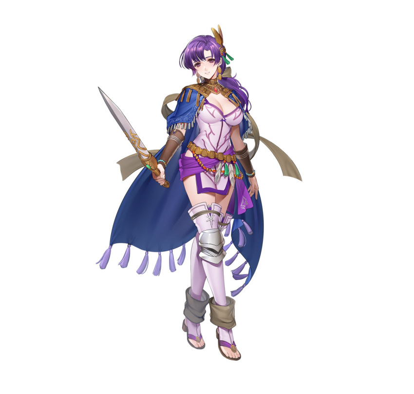 1girl earrings fire_emblem fire_emblem:_the_binding_blade fire_emblem_heroes hanusu holding holding_sword holding_weapon jewelry juno_(fire_emblem) juno_(nimble_grace)_(fire_emblem) looking_at_viewer official_alternate_costume official_art pelvic_curtain purple_eyes purple_hair smile solo sword tachi-e tassel tassel_earrings weapon