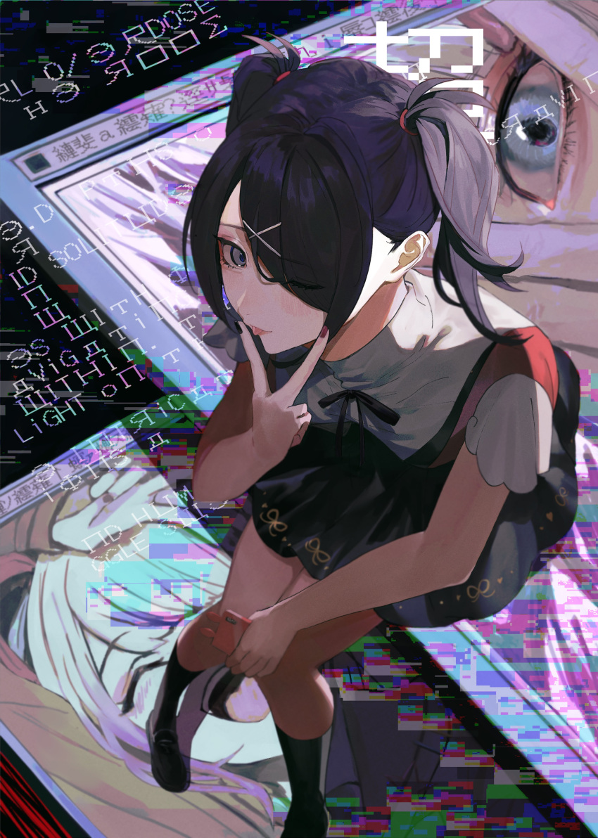 1girl absurdres ame-chan_(needy_girl_overdose) black_hair black_nails black_ribbon black_socks blue_eyes collared_shirt commentary_request countdown_illustration foot_out_of_frame from_above glitch grey_eyes hair_ornament hair_over_one_eye hand_up highres holding holding_phone kneehighs kurokawa_(kurokashi655) long_hair looking_at_viewer nail_polish neck_ribbon needy_girl_overdose official_art one_eye_closed phone red_nails red_shirt ribbon second-party_source shirt sitting socks solo tongue tongue_out twintails v_over_mouth window_(computing) x_hair_ornament