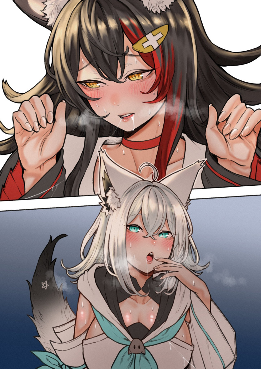 2girls after_kiss ahoge animal_ear_fluff animal_ears black_hair blue_neckerchief blush braid breasts commentary_request detached_sleeves face-to-face flipped_hair fox_ears fox_girl fox_tail green_eyes hair_between_eyes hair_ornament hairclip highres hololive hood hoodie inamimi_(sheep1733) large_breasts long_hair looking_at_another looking_at_viewer multicolored_hair multiple_girls neckerchief ookami_mio ookami_mio_(1st_costume) open_mouth pentagram red_hair saliva saliva_trail shirakami_fubuki shirakami_fubuki_(1st_costume) single_braid streaked_hair sweat tail tongue tongue_out virtual_youtuber white_hair white_hoodie wolf_ears wolf_girl yellow_eyes yuri