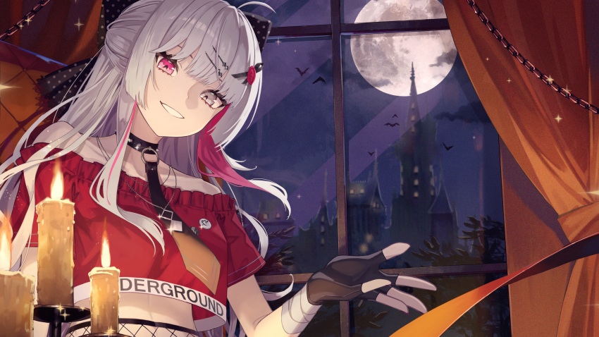 1girl absurdres ahoge bandaged_arm bandages black_bow bow candle choker city colored_inner_hair crop_top esuma_gt fishnets full_moon gloves grey_eyes grey_hair grin hair_bow hair_ornament hairclip hand_up heterochromia highres ishigami_nozomi jewelry long_hair midriff moon multicolored_hair necktie nijisanji pink_eyes pink_hair red_shirt shirt smile solo streaked_hair virtual_youtuber window