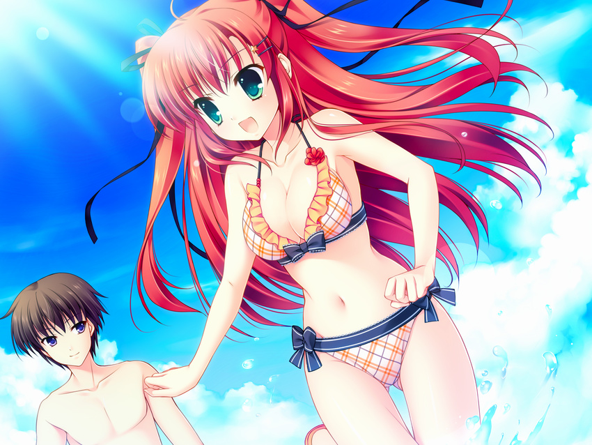 bikini cleavage game_cg green_eyes long_hair mitha nanawind red_hair swimsuit takasaki_honoka yuyukana