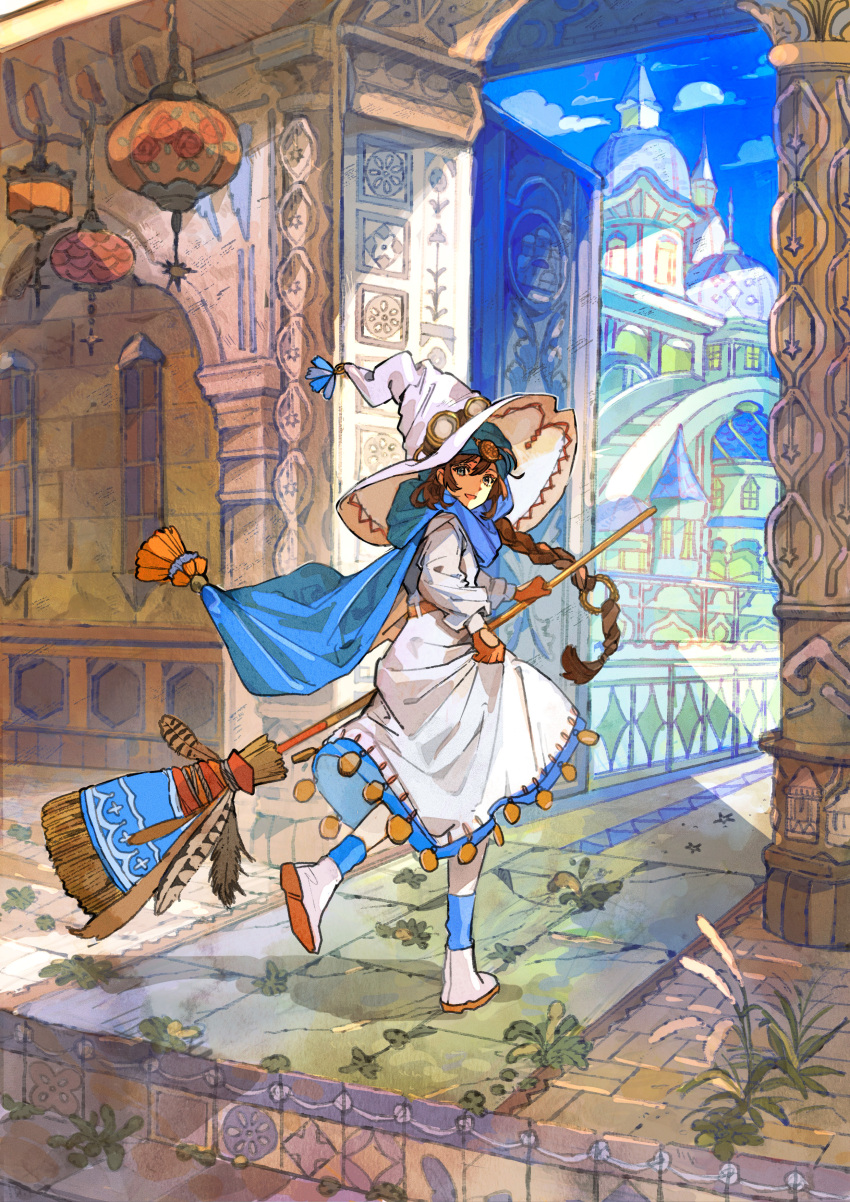 1girl :d absurdres blue_eyes blue_sky braid broom brown_hair buchi_(qooo003) building cloud commentary_request day dress floating_hair gloves goggles goggles_on_headwear hair_between_eyes hat highres holding holding_broom long_hair long_sleeves looking_at_viewer looking_to_the_side orange_gloves original outdoors puffy_long_sleeves puffy_sleeves shoe_soles shoes single_braid sky smile solo tower very_long_hair walking white_dress white_footwear white_headwear witch_hat