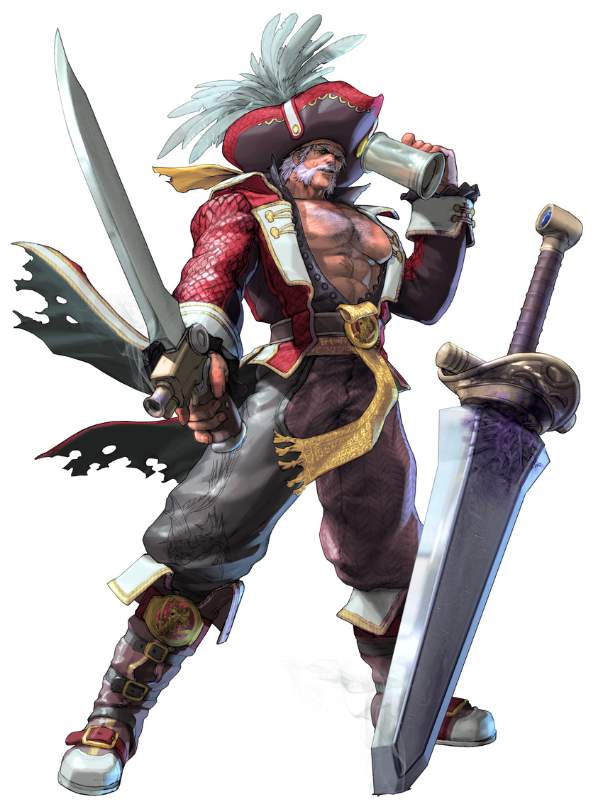 1boy abs absurdres bandai_namco beard beer_mug broad_shoulders cervantes_de_leon chest_hair dragon facial_hair gun handgun hat hat_feather highres holding jacket kawano_takuji male male_focus manly muscle namco_bandai nipples official_art open_clothes open_jacket pirate pirate_hat pistol planted_sword planted_weapon simple_background sleeve_cuffs solo soul_calibur soulcalibur_v sword weapon white_background white_hair