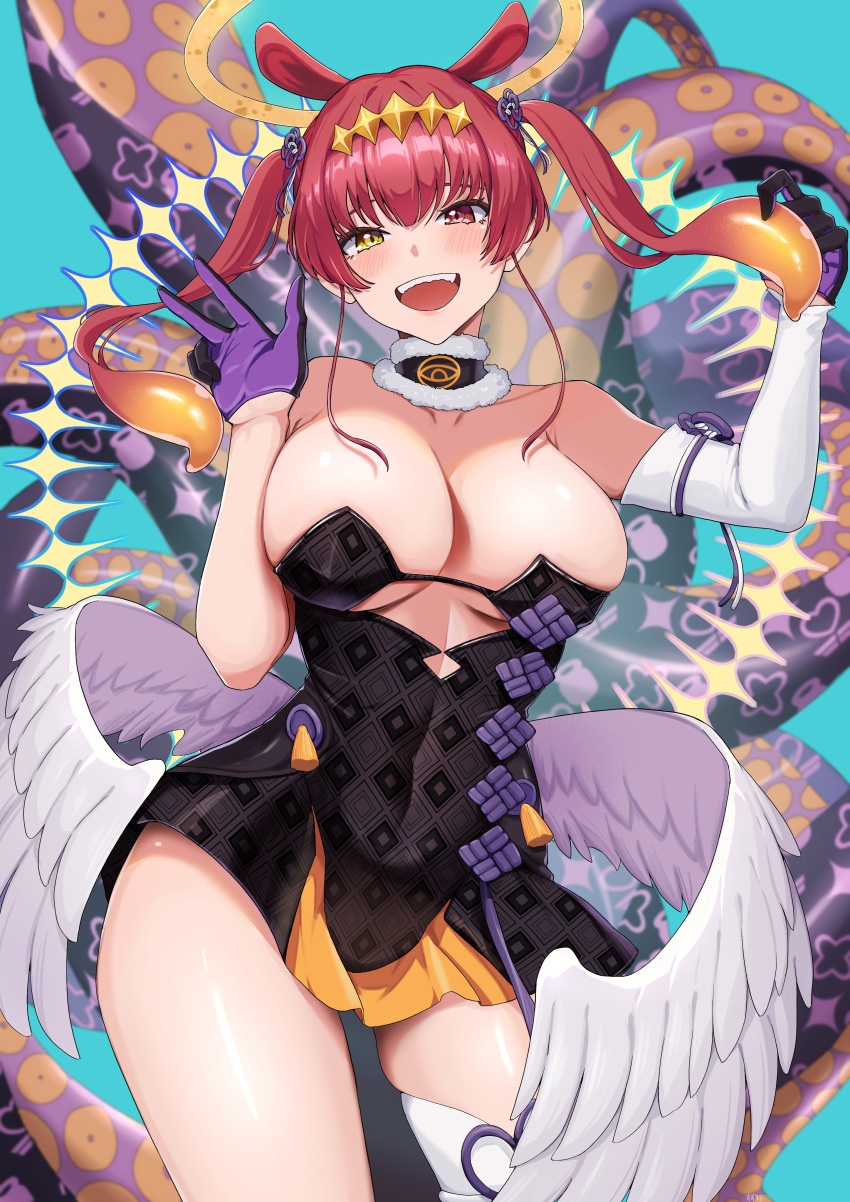 1girl absurdres bare_shoulders black_collar black_dress blush breasts cleavage collar cosplay covered_navel detached_sleeves dress feathered_wings fur-trimmed_collar fur_trim gloves hair_between_eyes hair_ornament halo heterochromia highres hololive houshou_marine huge_breasts large_breasts long_hair looking_at_viewer low_wings navel ninomae_ina'nis ninomae_ina'nis_(1st_costume) ninomae_ina'nis_(cosplay) open_mouth purple_gloves red_eyes red_hair sidelocks simple_background single_detached_sleeve single_thighhigh smile solo strapless strapless_dress suzukichi_(user_pwmc7427) tentacle_hair tentacles thighhighs thighs tube_dress twintails virtual_youtuber white_thighhighs wings yellow_eyes yellow_halo