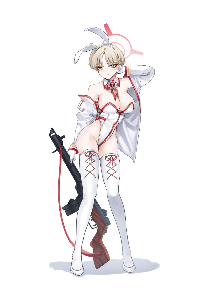 1girl absurdres alternate_costume animal_ears black_thighhighs blonde_hair blue_archive breasts cleavage closed_mouth collar commentary_request cross-laced_clothes cross-laced_legwear dantyou2525 detached_collar fake_animal_ears gun halo highleg highleg_leotard highres holding holding_gun holding_weapon jacket large_breasts leotard looking_at_viewer marina_(blue_archive) off_shoulder open_clothes open_jacket parted_bangs rabbit_ears red_halo short_hair simple_background solo standing strapless strapless_leotard thighhighs very_short_hair weapon white_background white_collar white_footwear white_jacket white_leotard yellow_eyes