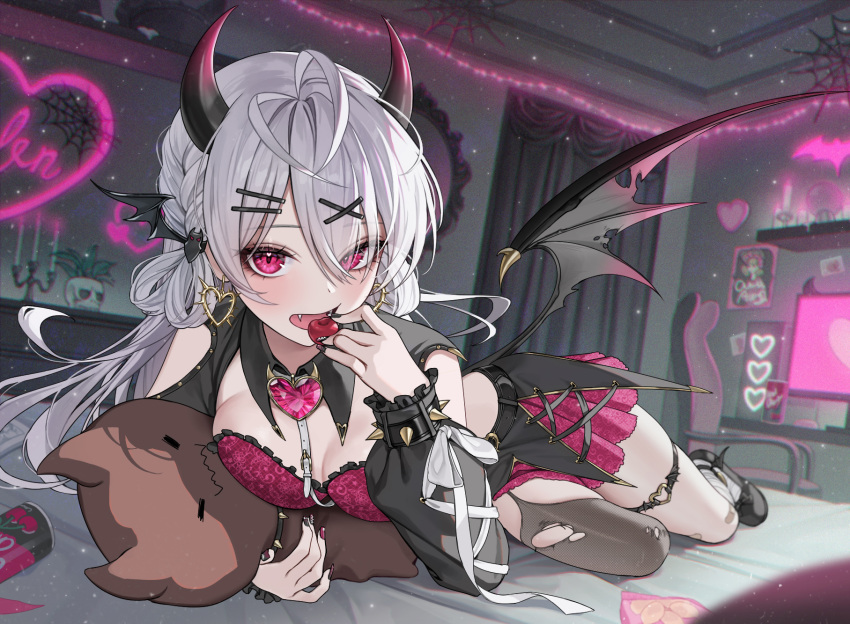 1girl bed black_footwear black_jacket black_nails black_pantyhose blush breasts can candle candlestand chair cherry cleavage clothing_cutout commentary curtains demon_girl demon_horns demon_wings desk drink_can earrings eating english_commentary food fruit grey_hair hair_ornament hair_over_one_eye hairclip heart heart_earrings heartki highres horns indoors jacket jewelry large_breasts long_hair long_sleeves looking_at_viewer lying mirror monitor nail_polish neon_sign on_stomach open_mouth original pantyhose pink_eyes red_shirt red_skirt shelf shirt shoulder_cutout single_leg_pantyhose single_wing skirt skull socks soda_can stuffed_toy thigh_strap torn_clothes torn_pantyhose white_socks wings x_hair_ornament