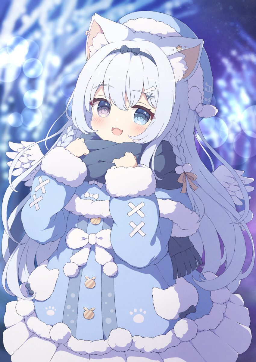 1girl :3 animal_ears blue_eyes brown_eyes cat_ears coat commission hair_ornament hairclip heterochromia highres long_hair long_sleeves open_mouth original scarf skeb_commission smile tyakomes white_hair winter_clothes winter_coat