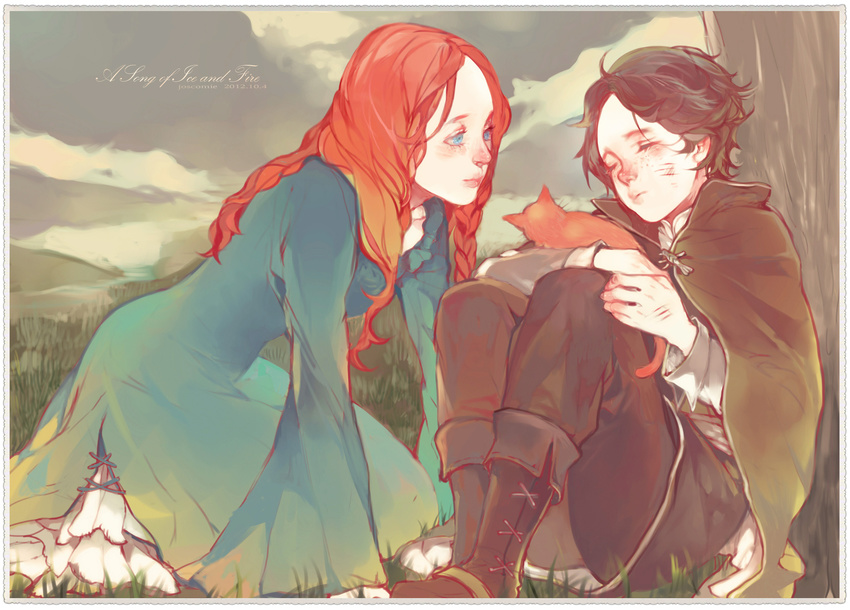 1girl a_song_of_ice_and_fire bad_id bad_pixiv_id blue_eyes braid brown_hair cape cat catelyn_tully dress highres long_hair petyr_baelish red_hair sleeping tree wavesheep younger