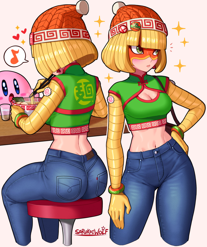 1girl absurdres arms_(game) ass beanie blonde_hair blunt_bangs blush bob_cut breasts chinese_clothes cleavage closed_mouth contrapposto crop_top cropped_legs denim domino_mask eating feet_out_of_frame food from_behind green_eyes hat highres jeans kirby kirby_(series) knit_hat looking_to_the_side mask medium_breasts medium_hair midriff min_min_(arms) multiple_views narrow_waist navel noodles pants ribbon_hair ringed_eyes sarukaiwolf simple_background sitting stool super_smash_bros. tsurime