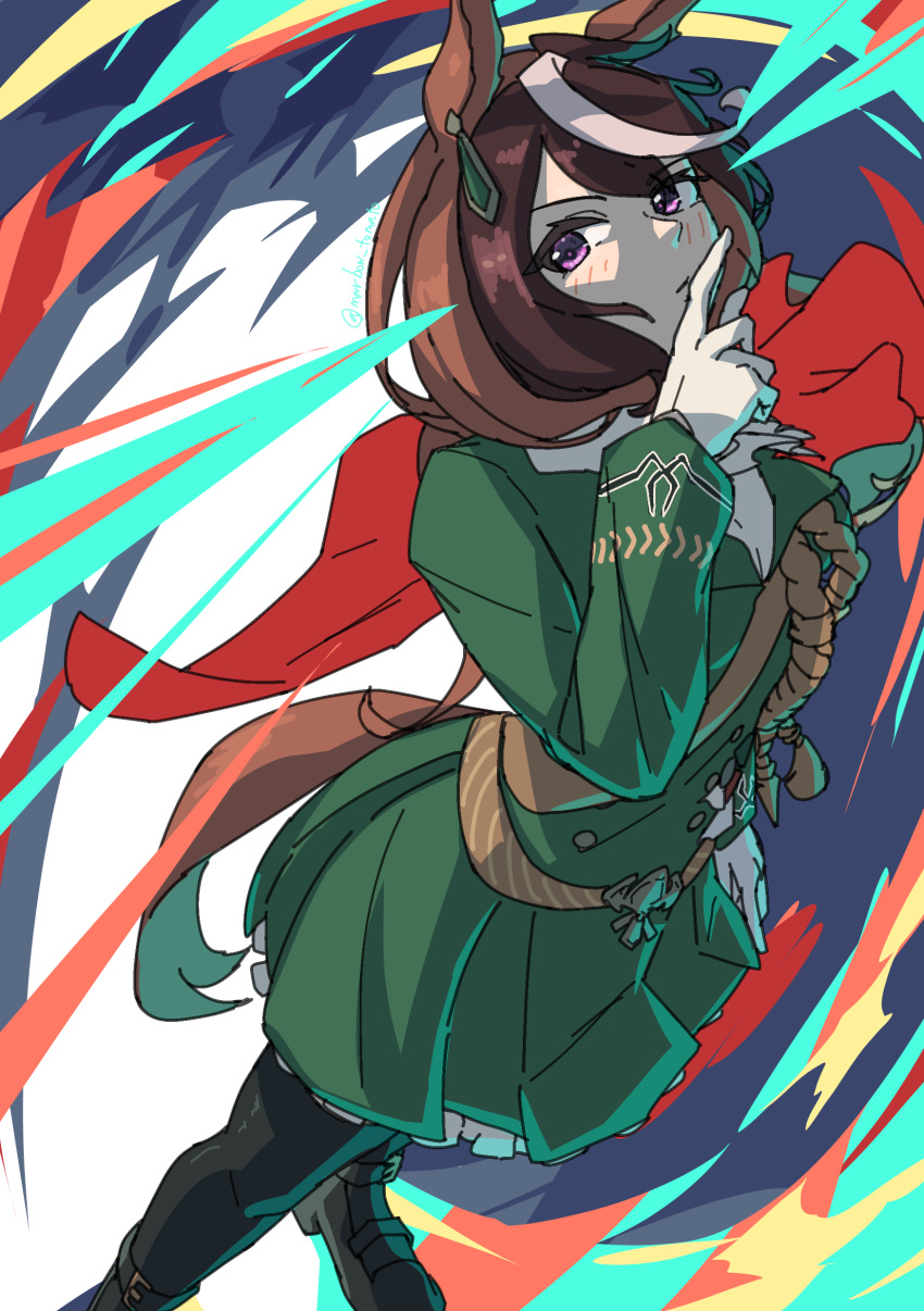 1girl absurdres aiguillette animal_ears black_thighhighs brown_hair cape commentary_request earrings epaulettes feet_out_of_frame gloves gradient_background green_jacket green_pants hair_between_eyes highres horse_ears horse_girl horse_tail jacket jewelry lens_flare long_sleeves marbow_tomato multicolored_background multicolored_hair one-hour_drawing_challenge pants purple_eyes red_cape single_earring single_epaulette solo streaked_hair symboli_rudolf_(umamusume) tail thighhighs umamusume white_gloves white_hair zettai_ryouiki