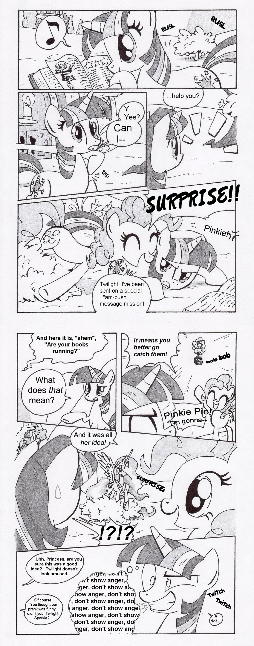 balloons black_and_white comic crown cutie_mark dialog dialogue english_text equine female feral friendship_is_magic group hair horn horse lumdrop mammal monochrome multi-colored_hair my_little_pony pinkie_pie_(mlp) plain_background pony princess princess_celestia_(mlp) royalty text twilight_sparkle_(mlp) unicorn white_background winged_unicorn wings