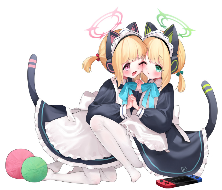 2girls absurdres animal_ears apron black_dress blonde_hair blue_archive cat_ears cat_tail cheek-to-cheek dress fake_animal_ears fake_tail frilled_dress frills green_eyes green_halo halo handheld_game_console heads_together highres holding_hands long_sleeves looking_at_another maid_apron midori_(blue_archive) midori_(maid)_(blue_archive) momoi_(blue_archive) momoi_(maid)_(blue_archive) multiple_girls one_eye_closed pantyhose pink_eyes pink_halo piyon_(pyon_piiii) puffy_long_sleeves puffy_sleeves short_hair short_ponytail short_twintails siblings simple_background sisters soles tail twins twintails white_apron white_background white_pantyhose yarn yarn_ball