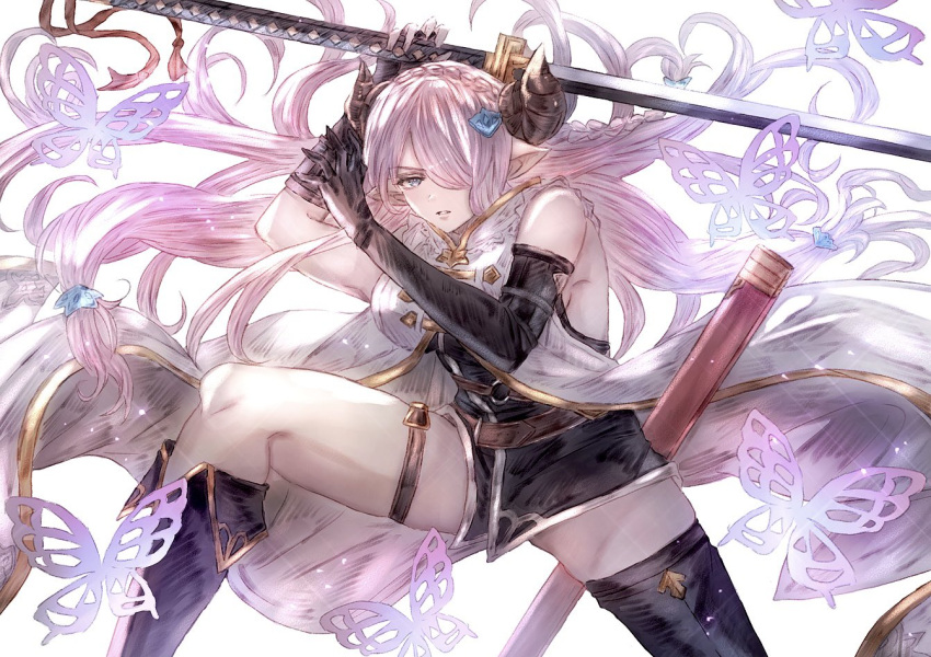 1girl asymmetrical_gloves asymmetrical_legwear bare_shoulders black_gloves black_thighhighs black_vest blue_eyes boots braid breasts bug butterfly butterfly_hair_ornament coat commentary draph fighting_stance fingerless_gloves gloves granblue_fantasy hair_ornament hair_over_one_eye holding holding_sword holding_weapon horns katana knee_boots large_breasts long_braid long_hair looking_at_viewer mismatched_gloves muramitsu_(d3jgv) narmaya_(granblue_fantasy) parted_lips pointy_ears sheath single_braid single_fingerless_glove single_knee_boot single_thigh_boot sleeveless sleeveless_coat solo sword thigh_boots thigh_strap thighhighs thighs uneven_gloves uneven_legwear vest weapon white_background white_coat