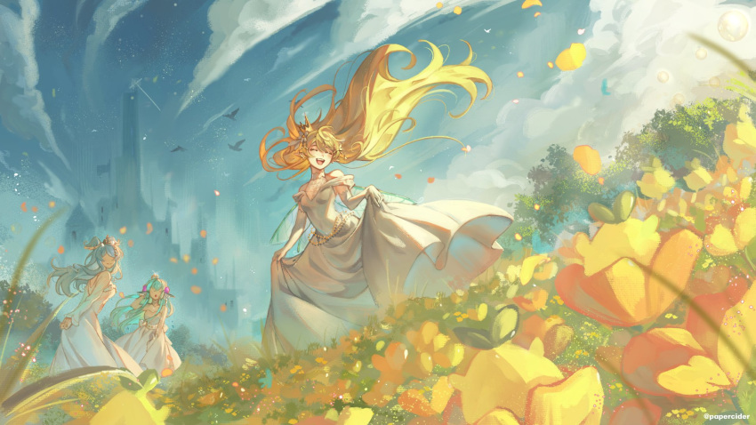 3girls blonde_hair blue_hair closed_eyes crown dress elbow_gloves elira_pendora field finana_ryugu fins flower flower_field gloves green_hair hair_flower hair_ornament head_fins highres lazulight long_dress long_hair mini_crown multiple_girls nijisanji nijisanji_en open_mouth papercider pomu_rainpuff pomudachi_(pomu_rainpuff) skirt_hold smile very_long_hair white_dress white_gloves yellow_flower