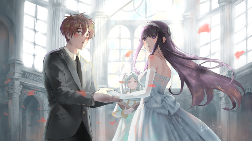 1boy 2girls bienb1224 black_suit blush closed_mouth couple dress fern_(sousou_no_frieren) floating_hair formal frieren hetero highres holding_hands husband_and_wife indoors multiple_girls parted_bangs parted_lips pointy_ears purple_eyes purple_hair smile sousou_no_frieren stark_(sousou_no_frieren) suit wedding wedding_dress white_dress