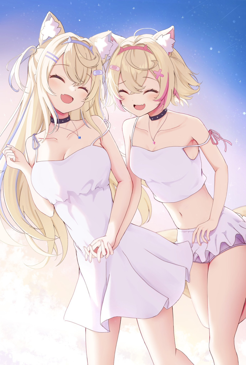 2girls animal_ear_fluff animal_ears bandaid bandaid_hair_ornament black_collar blonde_hair blue_hair breasts cleavage closed_eyes collar cropped_shirt dog_ears dog_girl dog_tail dress fang frilled_skirt frills fuwawa_abyssgard hair_ornament hairpin highres holding_hands hololive hololive_english large_breasts long_hair mococo_abyssgard multicolored_hair multiple_girls navel nohanenoe open_mouth pink_hair shirt short_hair siblings sidelocks sisters skin_fang skirt small_breasts smile spiked_collar spikes streaked_hair tail twins two_side_up virtual_youtuber white_dress white_shirt white_skirt x_hair_ornament