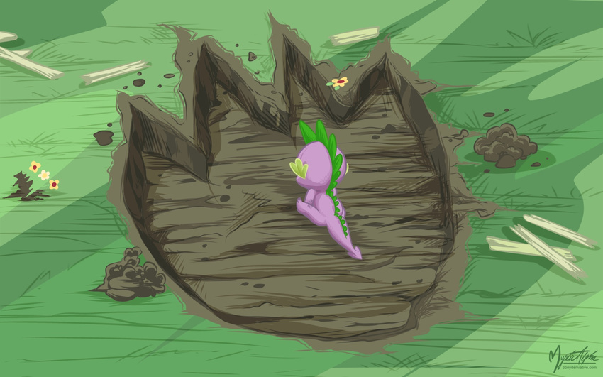 dragon flower footprint friendship_is_magic grass male my_little_pony mysticalpha purple_scales sitting solo spike_(mlp) young