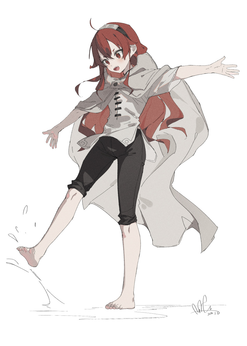 1girl absurdres arms_at_sides barefoot black_pants cape crossed_bangs dated eris_greyrat feet full_body hairband highres long_hair looking_down mushoku_tensei open_mouth pants pants_rolled_up qtian red_eyes red_hair shirt signature simple_background solo splashing standing white_background white_cape white_shirt