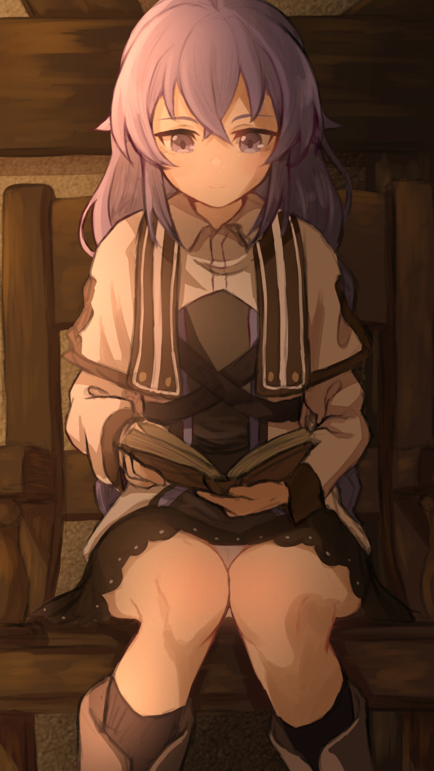 1girl black_skirt black_socks blue_eyes blue_hair book book_on_lap boots braid candlelight capelet closed_mouth feet_out_of_frame flat_chest grey_shirt highres holding holding_book indoors jacket light_smile long_hair looking_down mushoku_tensei panties pantyshot reading roxy_migurdia shirt sitting skirt smile socks solo take-run-atelier twin_braids underwear very_long_hair white_capelet white_jacket white_panties wooden_chair