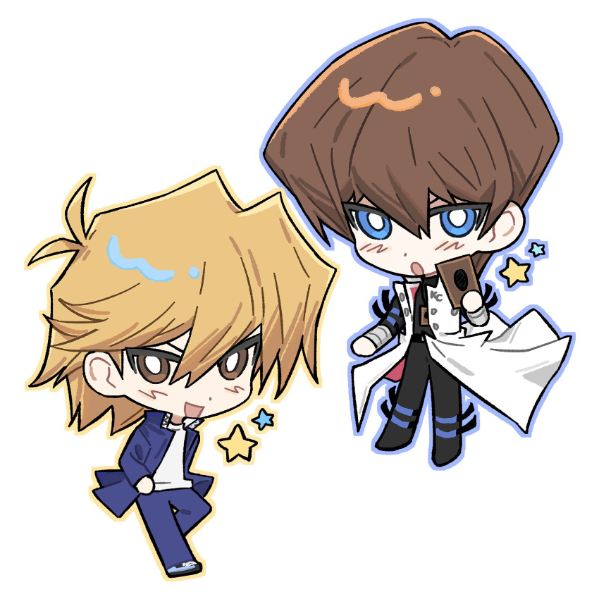 2boys :o arm_strap belt black_belt black_footwear black_pants black_shirt blonde_hair blue_eyes blue_jacket blue_outline blue_pants blush boots bracer bright_pupils brown_eyes brown_hair card chibi chinese_commentary coat commentary domino_high_school_uniform full_body hand_up hands_on_own_hips happy highres holding holding_card jacket jewelry jounouchi_katsuya kaiba_seto kakera4205 knee_up long_sleeves male_focus multiple_boys necklace open_mouth outline pants school_uniform shirt shoes short_hair simple_background sleeveless sleeveless_coat smile sneakers standing star_(symbol) trading_card two-sided_coat two-sided_fabric white_background white_coat white_shirt yu-gi-oh! yu-gi-oh!_duel_monsters