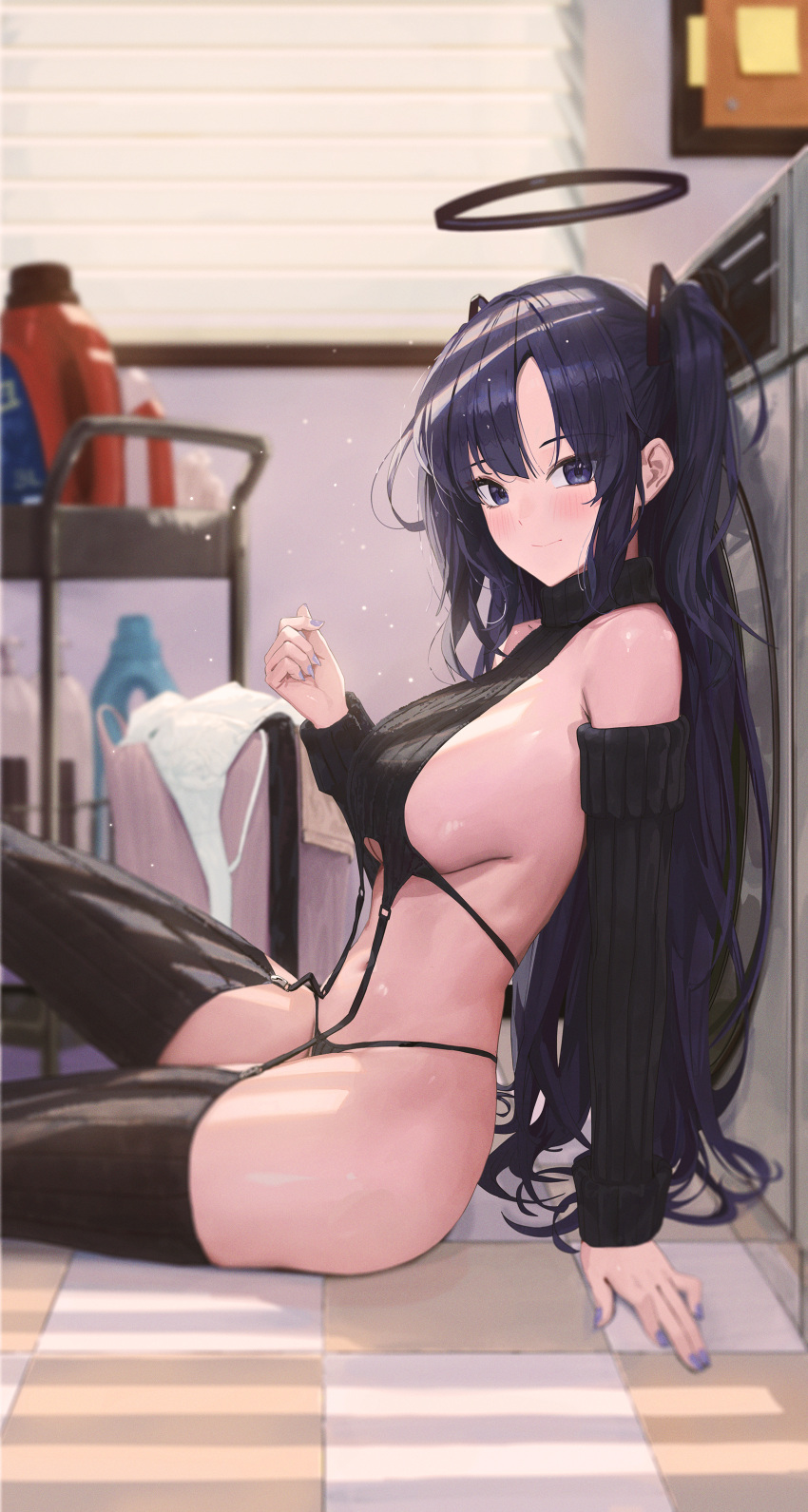 1girl absurdres ass bare_shoulders black_panties black_sleeves black_sweater black_thighhighs blue_archive blush breasts closed_mouth detached_sleeves fieryonion fingernails halo highres indoors large_breasts long_hair looking_at_viewer mechanical_halo meme_attire nail_polish panties purple_eyes purple_hair purple_nails sideboob solo sweater thighhighs two_side_up underwear virgin_destroyer_sweater yuuka_(blue_archive)