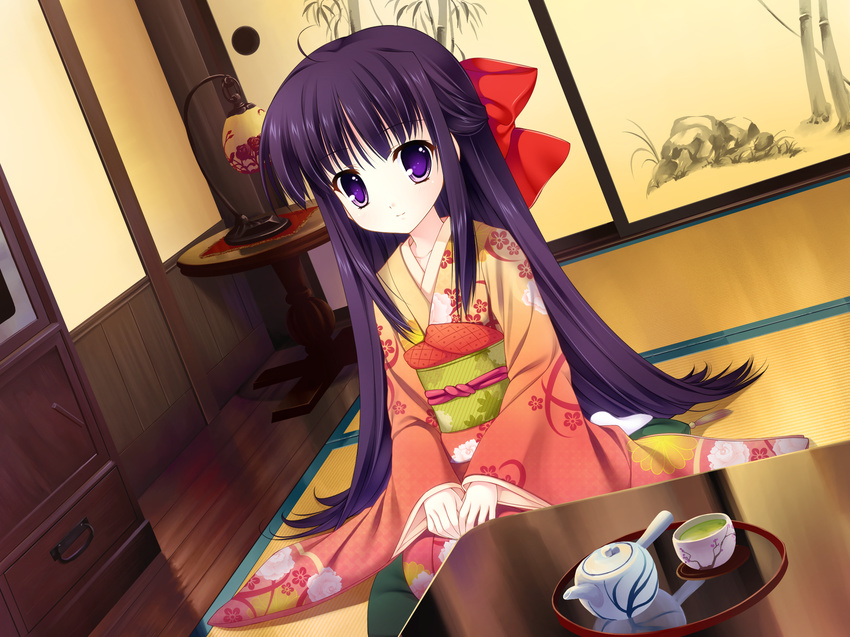 drink game_cg japanese_clothes kimono long_hair mitha nanawind purple_eyes purple_hair yuyukana yuyuzuki_ako