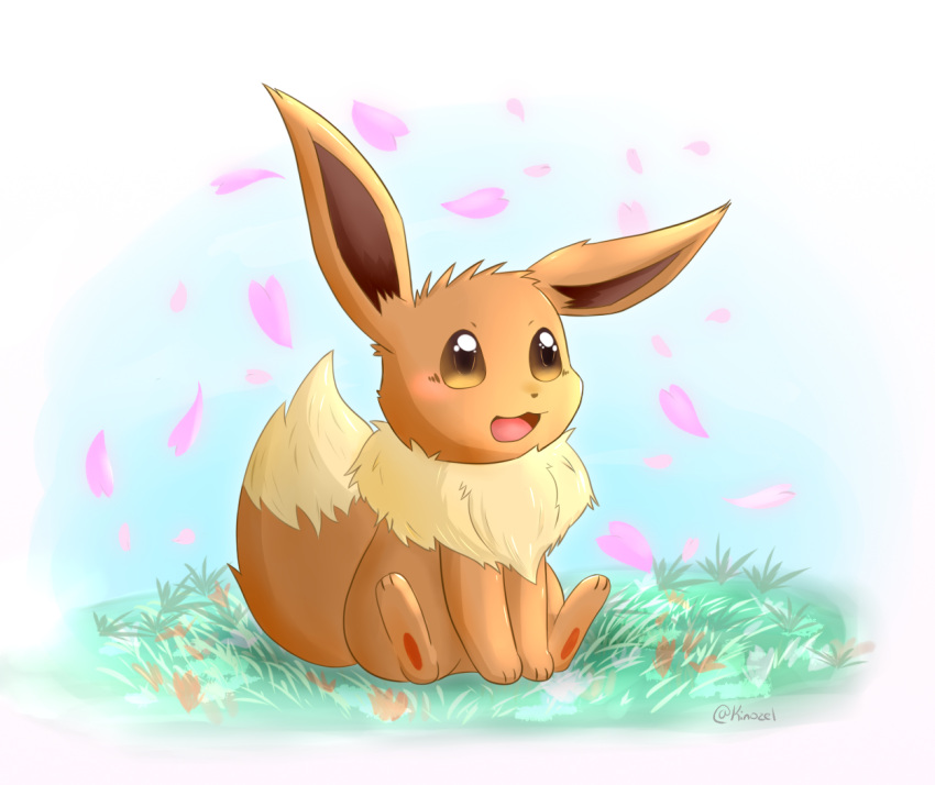 2020 ambiguous_gender blush brown_body brown_fur digital_media_(artwork) dipstick_tail eevee feral fur generation_1_pokemon grass kinozel markings nintendo open_mouth open_smile petals plant pokemon pokemon_(species) signature sitting smile solo tail tail_markings