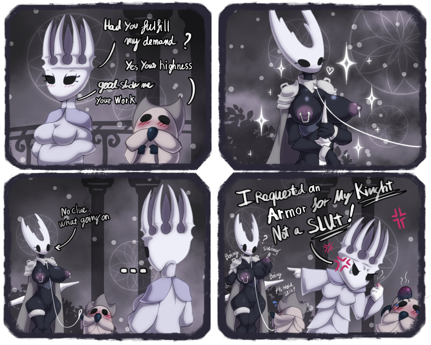 4_panel_comic absurd_res ambiguous_gender anthro arthropod azura_inalis big_breasts black_body bouncing_breasts breasts cloak clothing comic cross-popping_vein detailed_background english_text female genitals group hi_res holding_object holding_weapon hollow_knight insect leash legband nipple_piercing nipples onomatopoeia pale_king_(hollow_knight) piercing pure_vessel_(hollow_knight) pussy robe shoulder_pads sound_effects team_cherry text thick_thighs thighband vessel_(species) weapon white_body white_clothing white_robe wide_hips