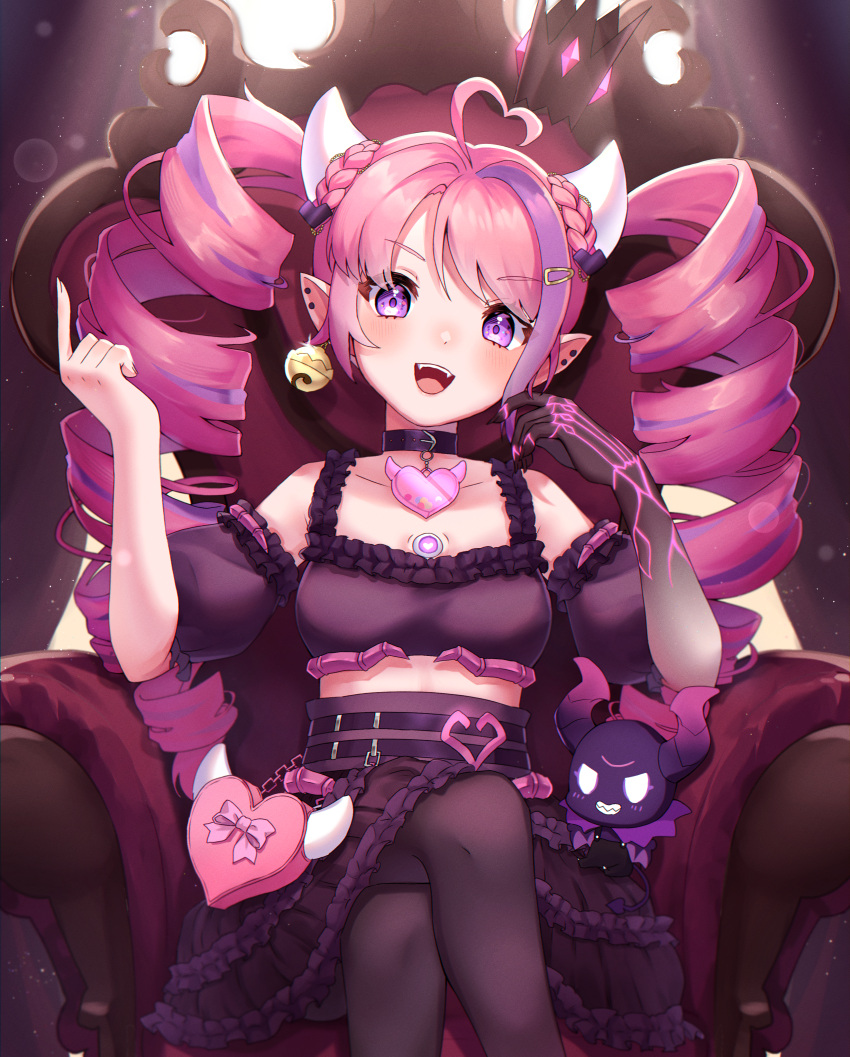 1girl absurdres ahoge bell black_choker black_pantyhose black_skirt blush breasts bubi_(ironmouse) choker crop_top demon_girl demon_horns drill_hair ear_bell earrings frilled_skirt frills heart heart_ahoge highres horns ironmouse jewelry jingle_bell large_breasts long_hair looking_at_viewer miracle_(waaaracle) multicolored_hair open_mouth pantyhose pink_hair pointy_ears purple_eyes purple_hair single_earring skirt smile streaked_hair third_eye_on_chest twin_drills virtual_youtuber vshojo