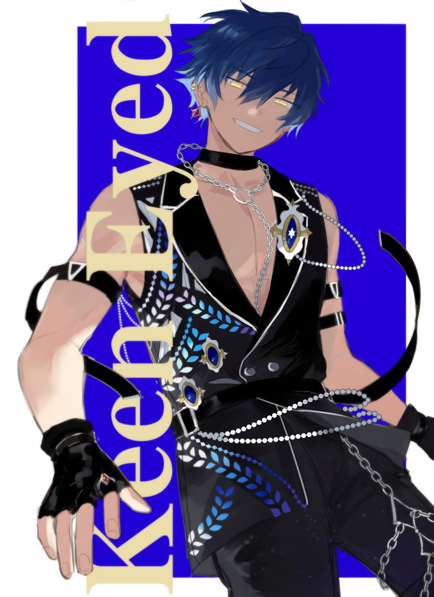 1boy azadonoteat black_choker black_gloves blue_background blue_hair border choker dark_blue_hair earrings english_text ensemble_stars! facing_viewer fingerless_gloves gloves grin hair_between_eyes highres jewelry leaf_print looking_at_viewer male_focus narrowed_eyes outside_border sazanami_jun short_hair sleeveless smile solo standing upper_body white_border yellow_eyes