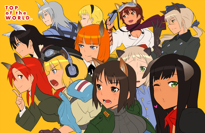 adolfine_galland animal_ears aurora_e_juutilainen before_crisis_final_fantasy_vii black_hair blonde_hair blown_kiss blue_eyes brave_witches brown_eyes brown_hair camera cecilia_glinda_miles closed_eyes cropped_jacket elma_leivonen em federica_n_doglio final_fantasy final_fantasy_vii gloves goggles goggles_on_head green_eyes grin gundula_rall hairband hanna_rudel hat headphones kadomaru_misa katou_keiko long_hair looking_at_viewer military military_uniform minna-dietlinde_wilcke multiple_girls noble_witches one_eye_closed orange_background orange_hair parody red_hair rosalie_de_hemricourt_de_grunne scar short_hair silver_hair simple_background smile strike_witches tan tears uniform world_witches_series