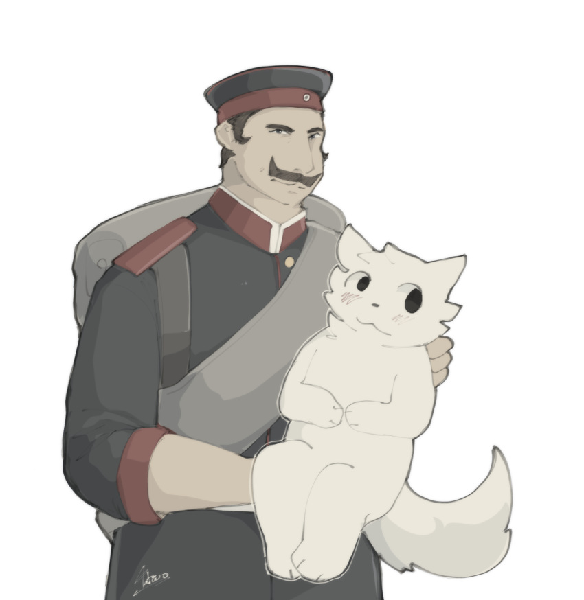 1800s backpack boy_kisser_(meme) callmetatsuo clothing domestic_cat duo felid feline felis fur headgear hi_res human male male/male mammal prussia silly_cat_(mauzymice) simple_background soldier uniform warrior white_background white_body white_fur