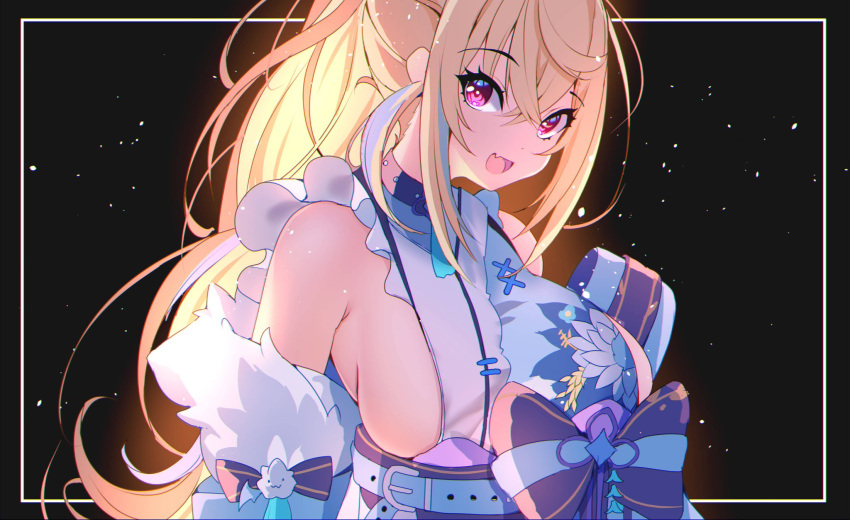 1girl belt black_sash blonde_hair blue_belt blue_hair blue_kimono breasts fang fuwawa_abyssgard fuwawa_abyssgard_(new_year) highres hololive hololive_english japanese_clothes kimono large_breasts long_hair looking_at_viewer multicolored_hair obi official_alternate_costume open_mouth pink_eyes ponytail sash skin_fang sleeveless sleeveless_kimono smile solo streaked_hair the0neulost virtual_youtuber